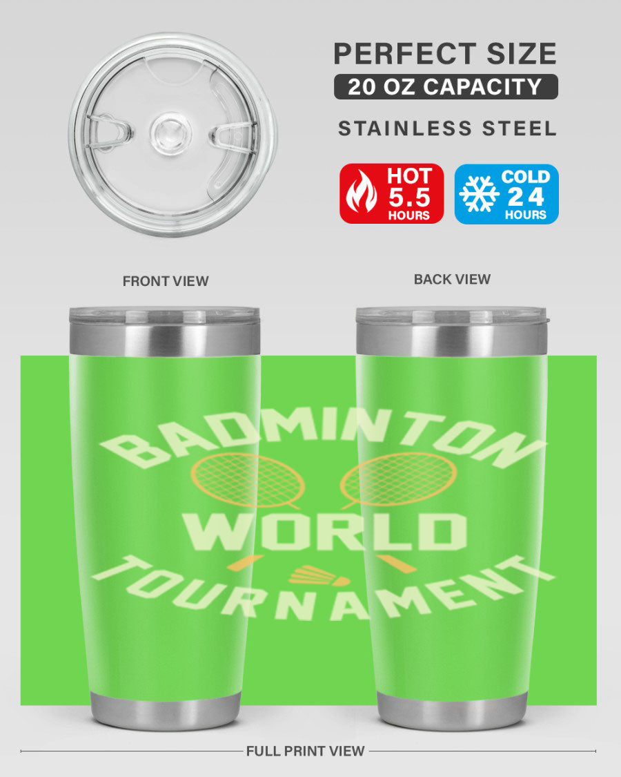 Badminton 1449# 20oz Tumbler in stainless steel with a drink-thru lid, showcasing its sleek design and double wall vacuum insulation.