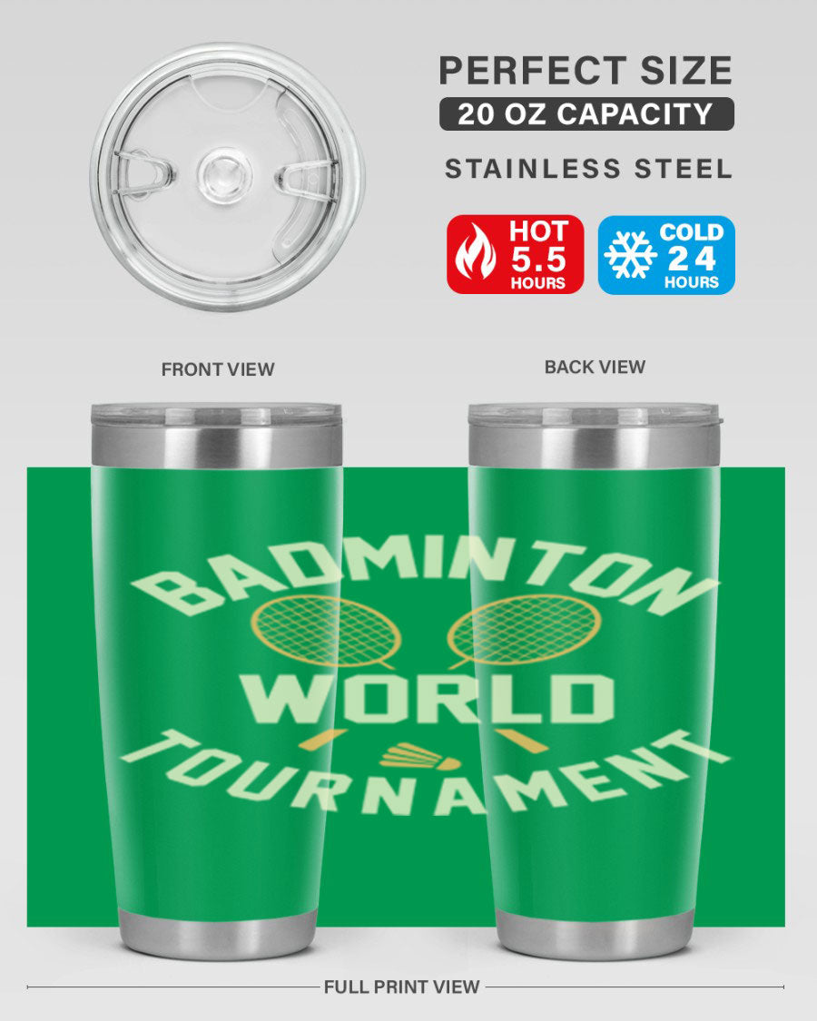 Badminton 1449# 20oz Tumbler in stainless steel with a drink-thru lid, showcasing its sleek design and double wall vacuum insulation.