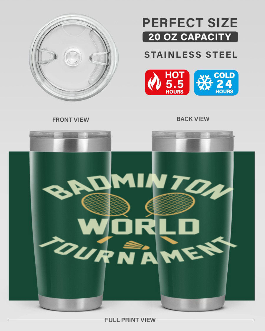 Badminton 1449# 20oz Tumbler in stainless steel with a drink-thru lid, showcasing its sleek design and double wall vacuum insulation.