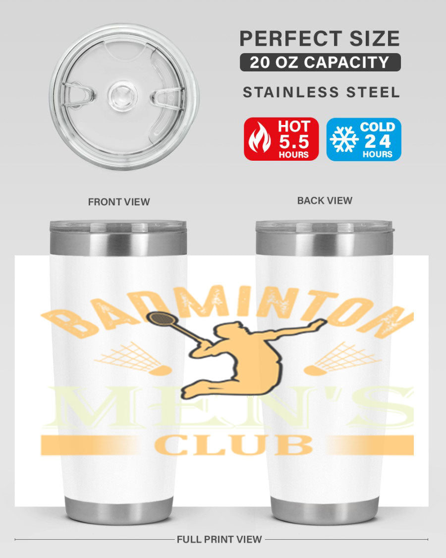 Badminton mens 1450# 20oz Tumbler in stainless steel with a drink-thru lid, showcasing its sleek design and insulation features.