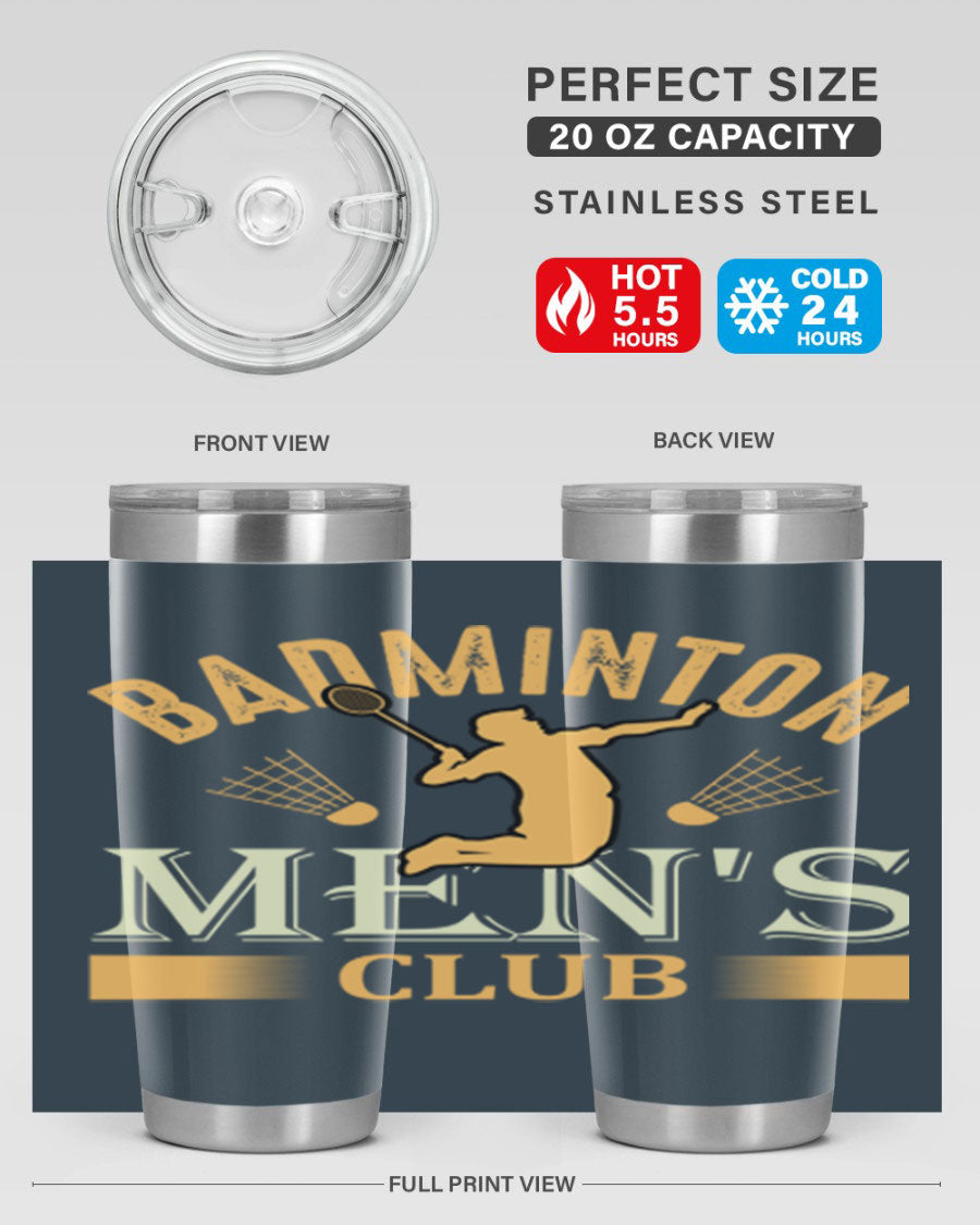 Badminton mens 1450# 20oz Tumbler in stainless steel with a drink-thru lid, showcasing its sleek design and insulation features.