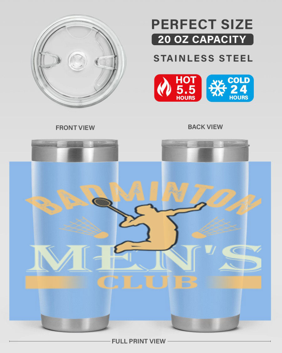 Badminton mens 1450# 20oz Tumbler in stainless steel with a drink-thru lid, showcasing its sleek design and insulation features.