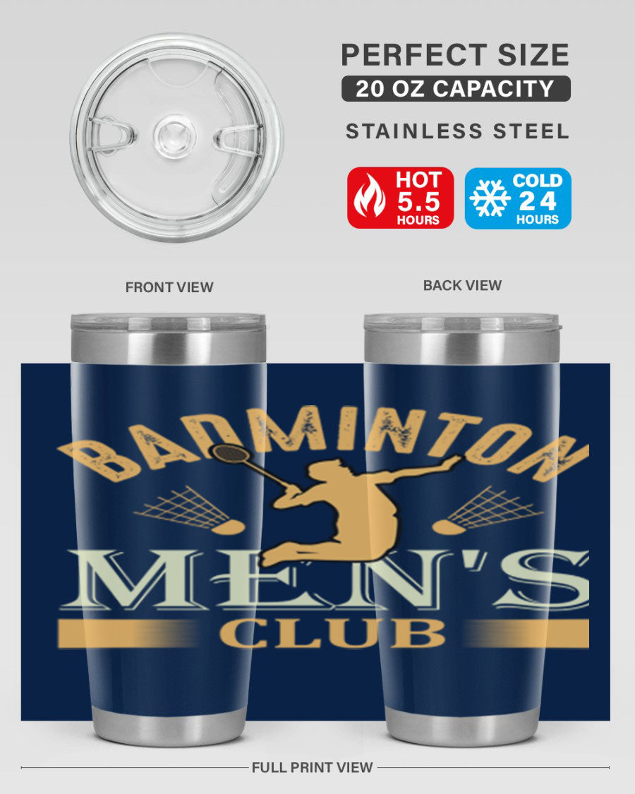 Badminton mens 1450# 20oz Tumbler in stainless steel with a drink-thru lid, showcasing its sleek design and insulation features.