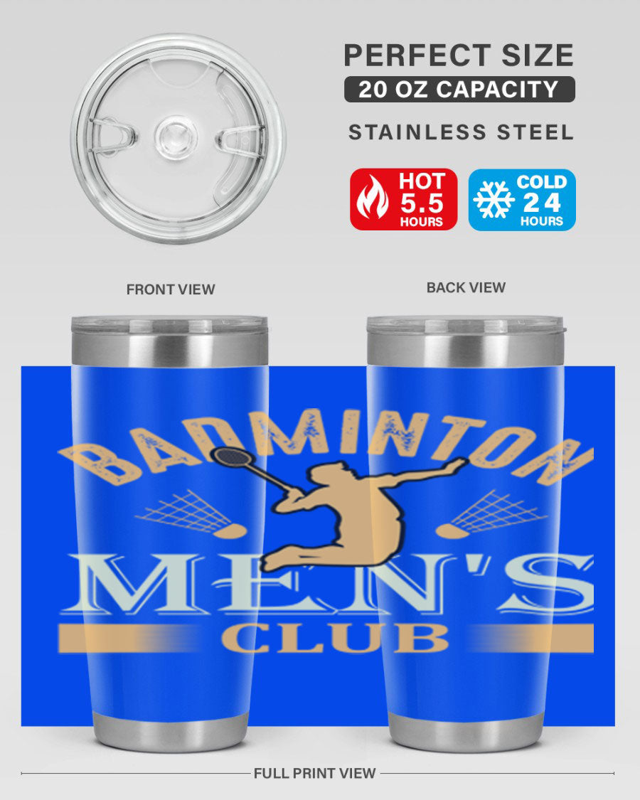 Badminton mens 1450# 20oz Tumbler in stainless steel with a drink-thru lid, showcasing its sleek design and insulation features.