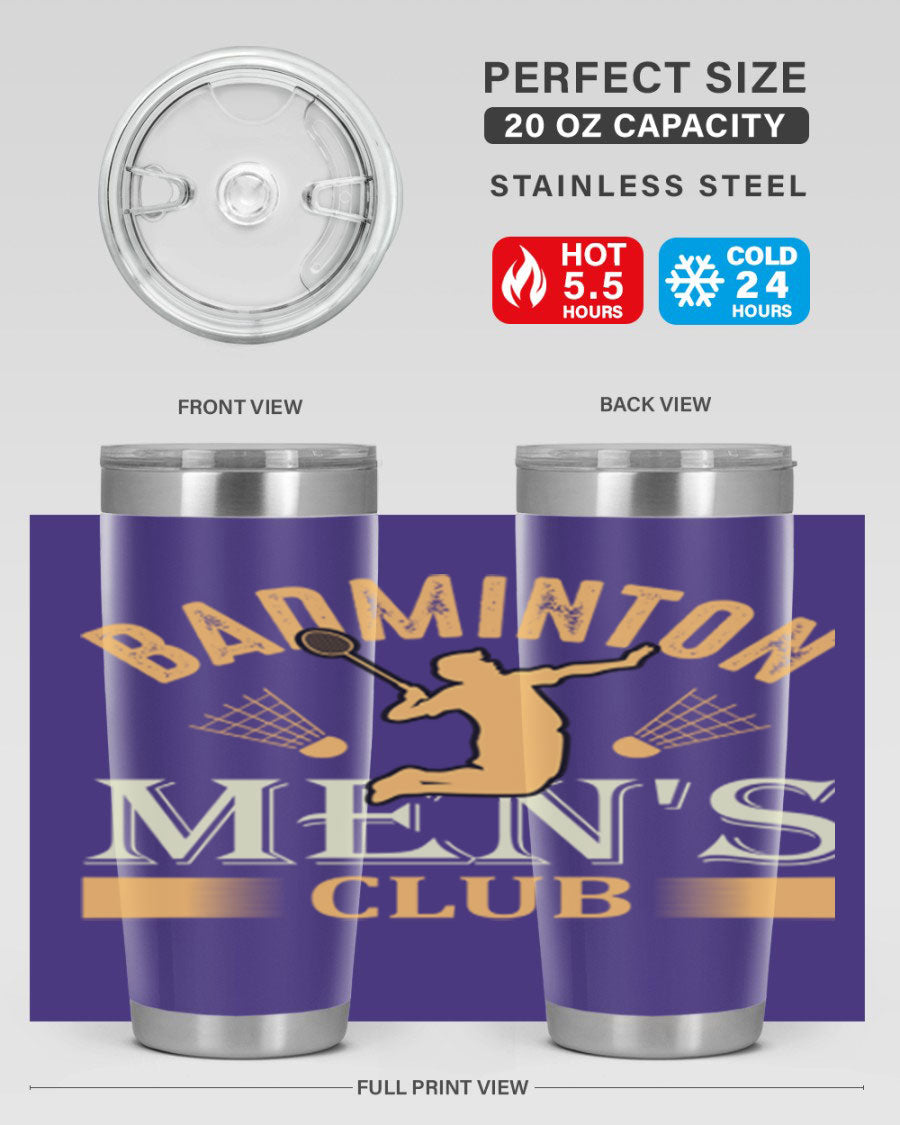 Badminton mens 1450# 20oz Tumbler in stainless steel with a drink-thru lid, showcasing its sleek design and insulation features.