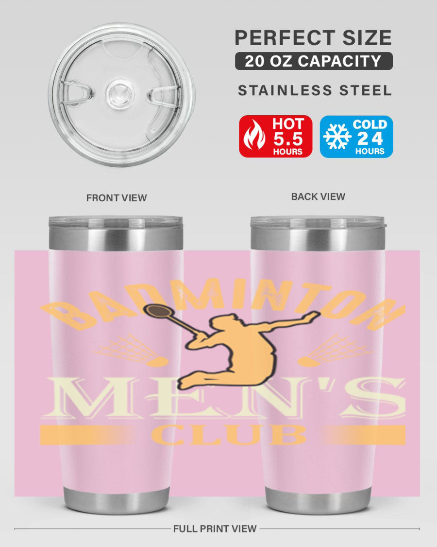 Badminton mens 1450# 20oz Tumbler in stainless steel with a drink-thru lid, showcasing its sleek design and insulation features.