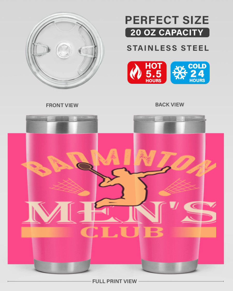 Badminton mens 1450# 20oz Tumbler in stainless steel with a drink-thru lid, showcasing its sleek design and insulation features.