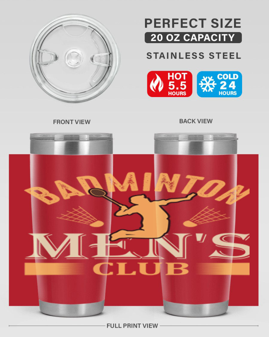 Badminton mens 1450# 20oz Tumbler in stainless steel with a drink-thru lid, showcasing its sleek design and insulation features.