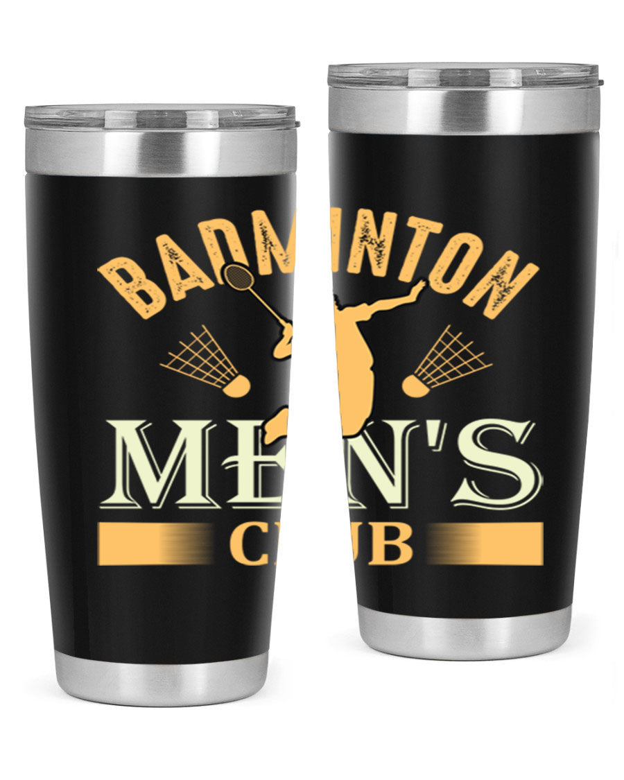 Badminton mens 1450# 20oz Tumbler in stainless steel with a drink-thru lid, showcasing its sleek design and insulation features.