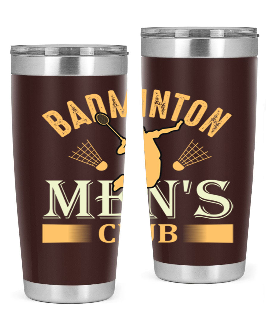 Badminton mens 1450# 20oz Tumbler in stainless steel with a drink-thru lid, showcasing its sleek design and insulation features.