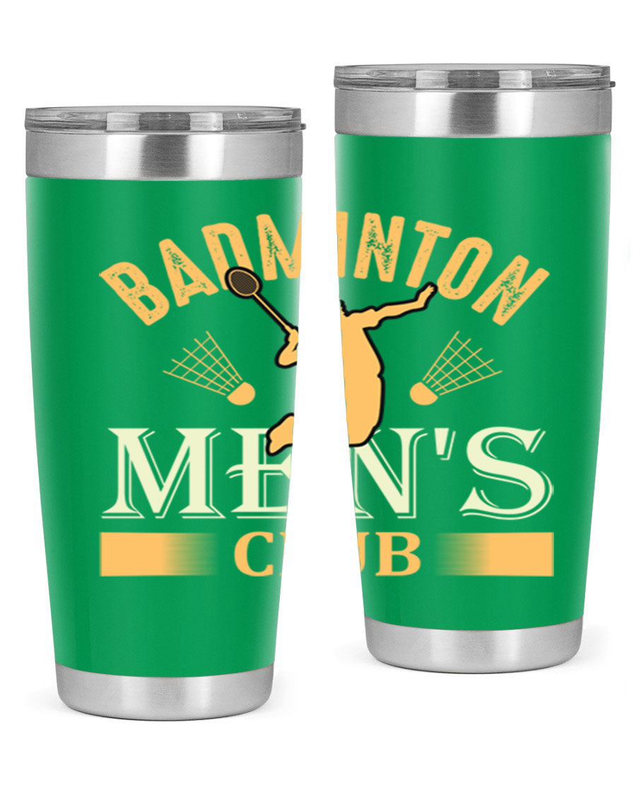 Badminton mens 1450# 20oz Tumbler in stainless steel with a drink-thru lid, showcasing its sleek design and insulation features.