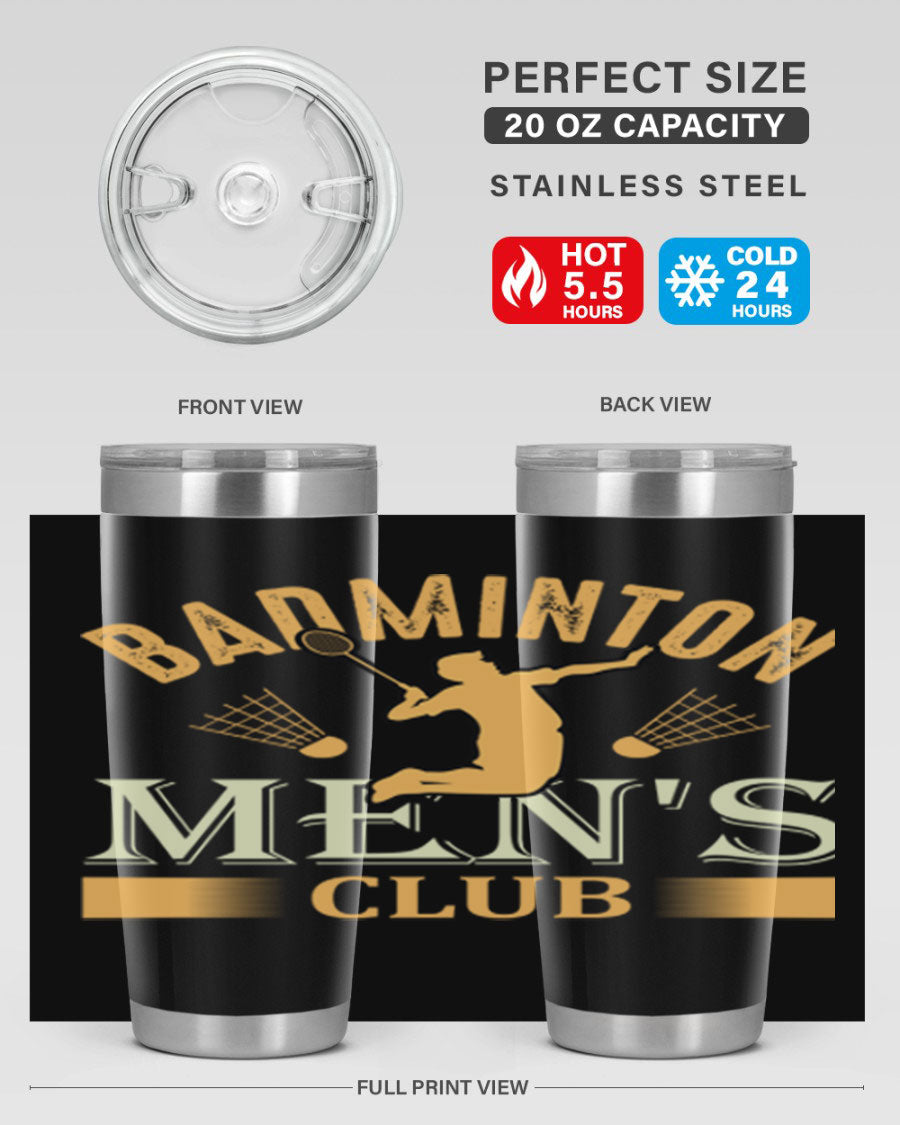 Badminton mens 1450# 20oz Tumbler in stainless steel with a drink-thru lid, showcasing its sleek design and insulation features.