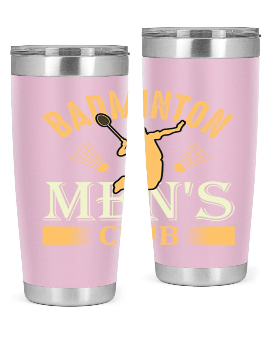 Badminton mens 1450# 20oz Tumbler in stainless steel with a drink-thru lid, showcasing its sleek design and insulation features.