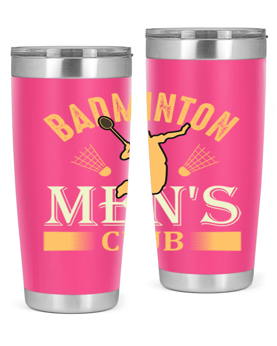 Badminton mens 1450# 20oz Tumbler in stainless steel with a drink-thru lid, showcasing its sleek design and insulation features.