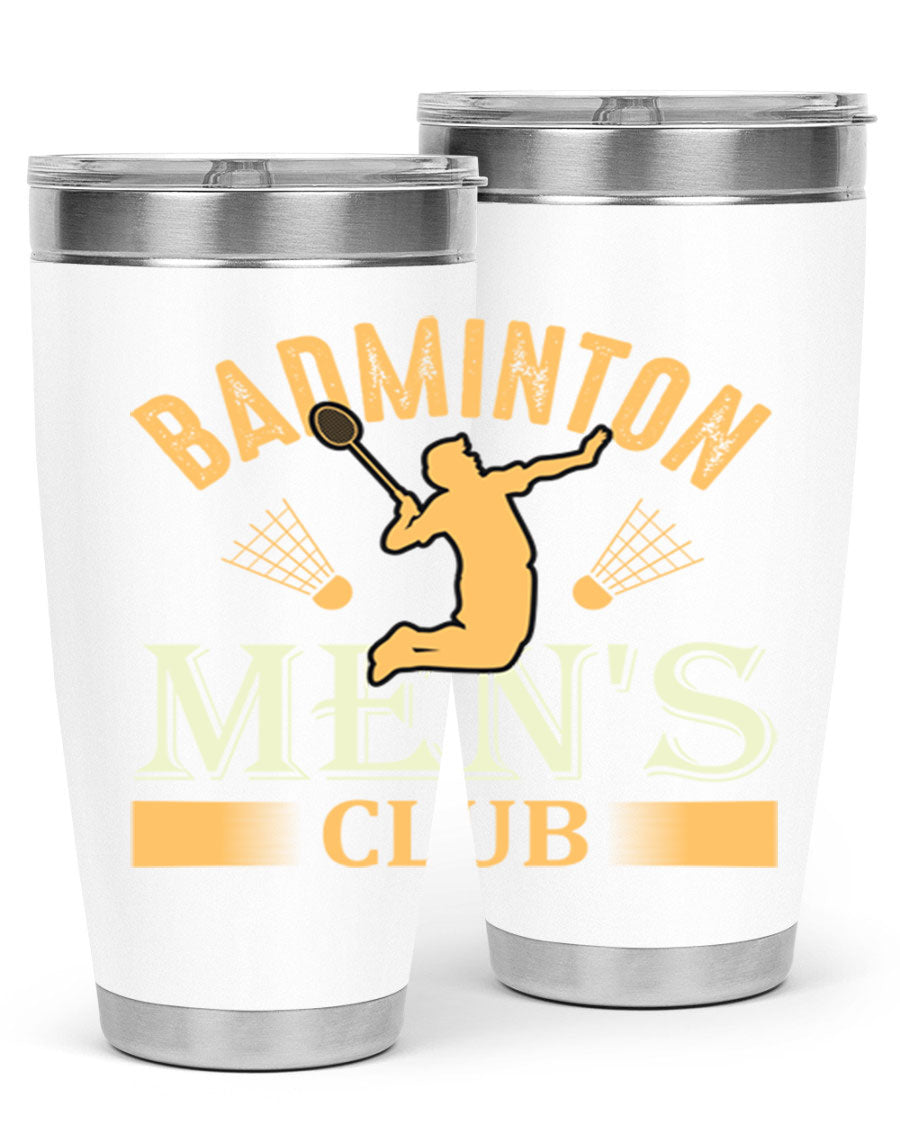 Badminton mens 1450# 20oz Tumbler in stainless steel with a drink-thru lid, showcasing its sleek design and insulation features.