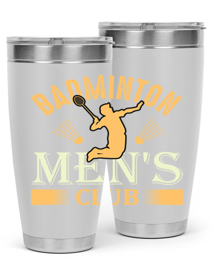 Badminton mens 1450# 20oz Tumbler in stainless steel with a drink-thru lid, showcasing its sleek design and insulation features.