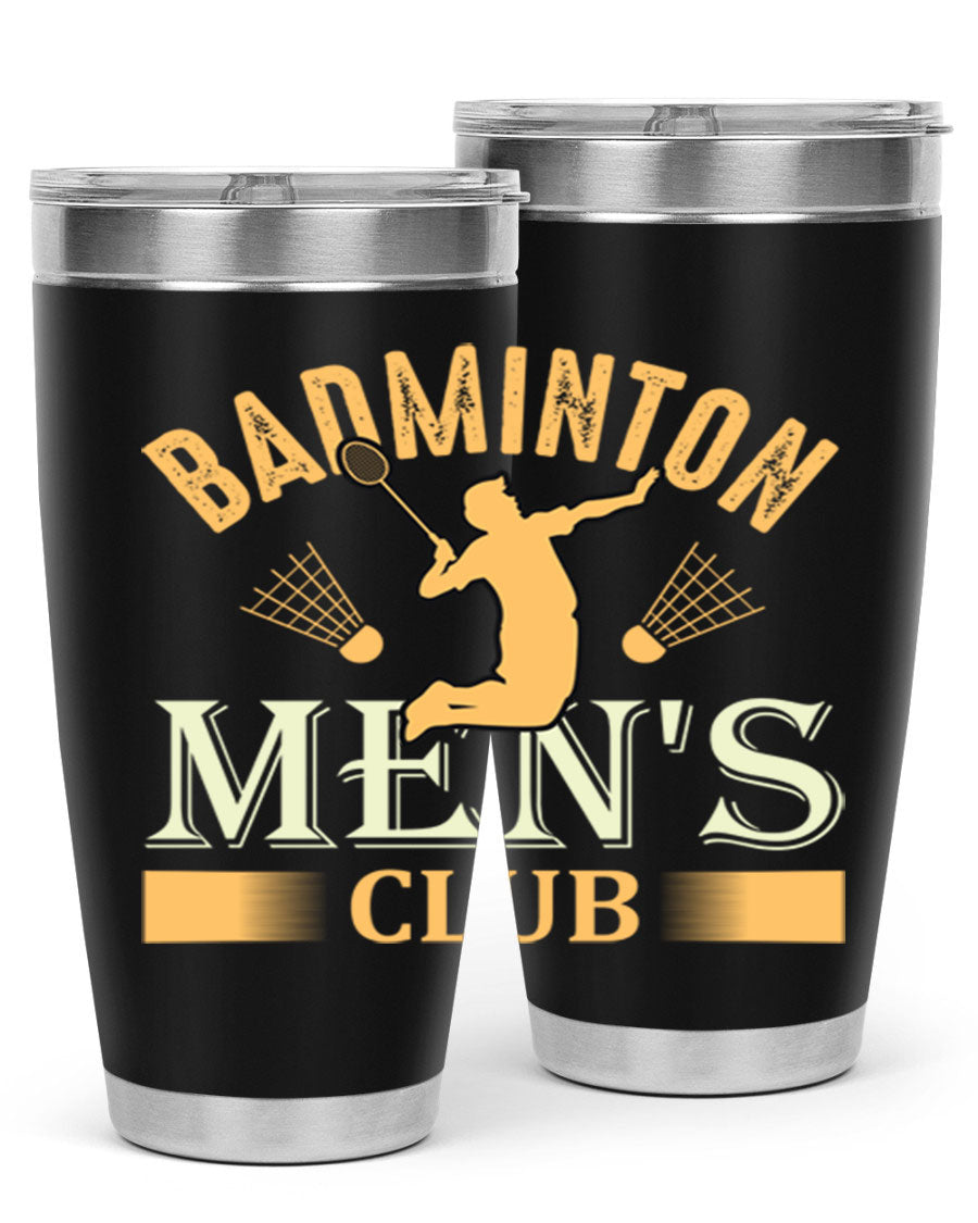 Badminton mens 1450# 20oz Tumbler in stainless steel with a drink-thru lid, showcasing its sleek design and insulation features.
