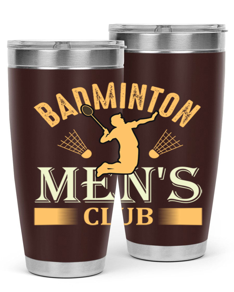 Badminton mens 1450# 20oz Tumbler in stainless steel with a drink-thru lid, showcasing its sleek design and insulation features.