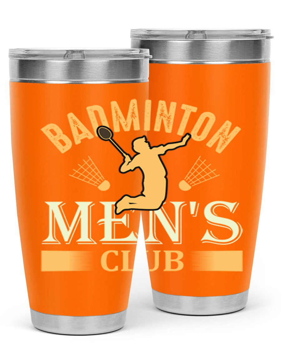 Badminton mens 1450# 20oz Tumbler in stainless steel with a drink-thru lid, showcasing its sleek design and insulation features.
