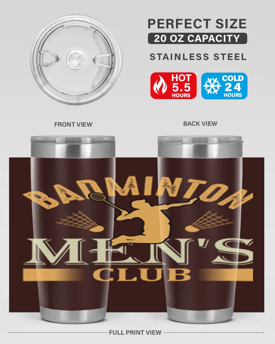 Badminton mens 1450# 20oz Tumbler in stainless steel with a drink-thru lid, showcasing its sleek design and insulation features.
