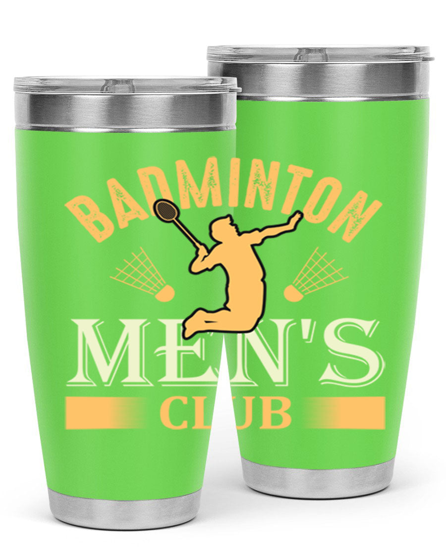 Badminton mens 1450# 20oz Tumbler in stainless steel with a drink-thru lid, showcasing its sleek design and insulation features.