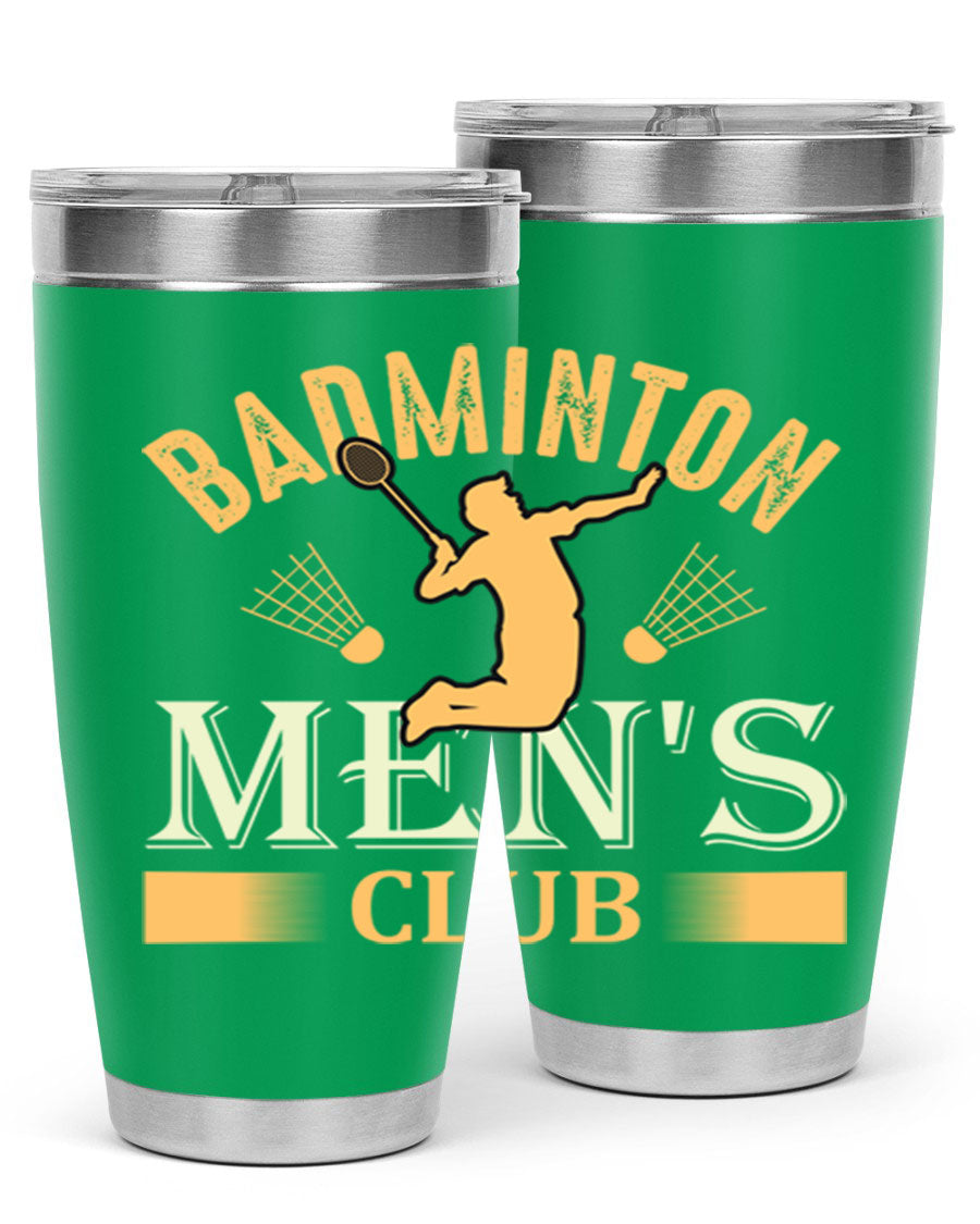 Badminton mens 1450# 20oz Tumbler in stainless steel with a drink-thru lid, showcasing its sleek design and insulation features.