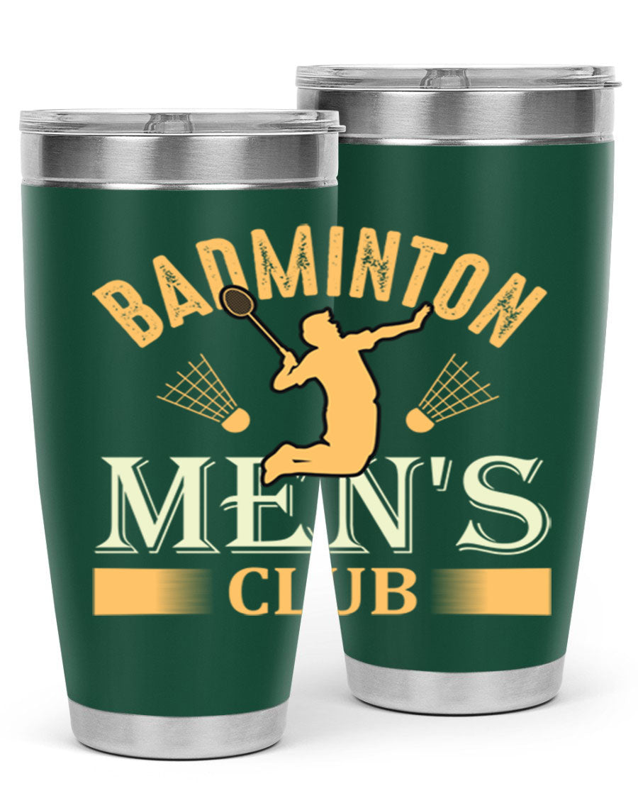 Badminton mens 1450# 20oz Tumbler in stainless steel with a drink-thru lid, showcasing its sleek design and insulation features.