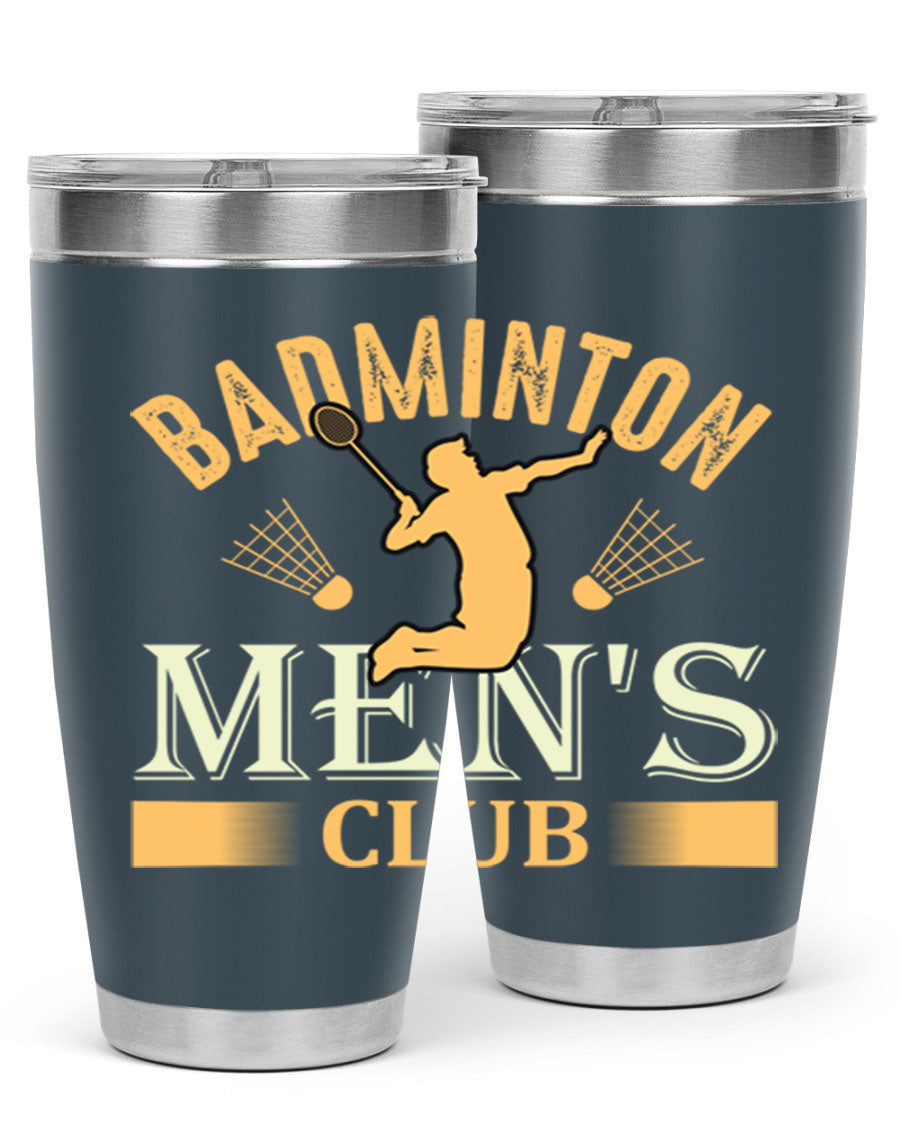 Badminton mens 1450# 20oz Tumbler in stainless steel with a drink-thru lid, showcasing its sleek design and insulation features.