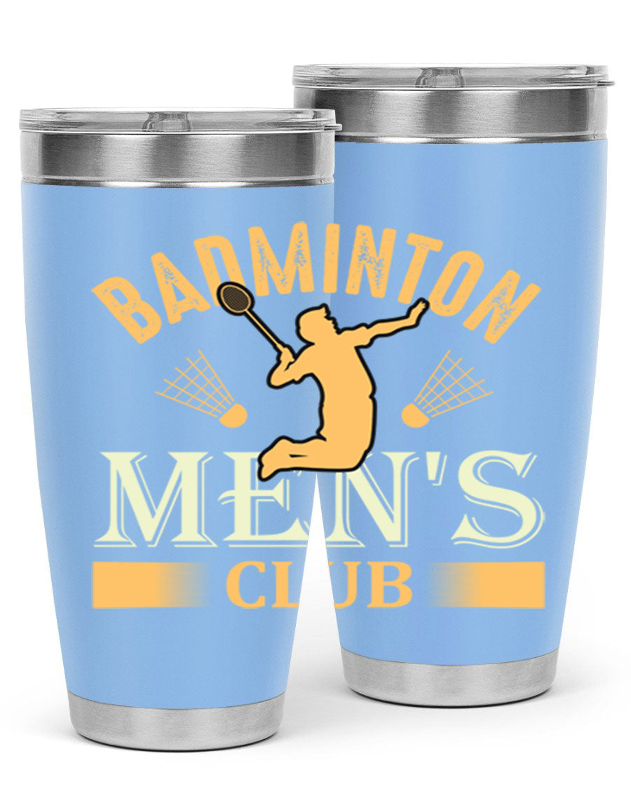 Badminton mens 1450# 20oz Tumbler in stainless steel with a drink-thru lid, showcasing its sleek design and insulation features.