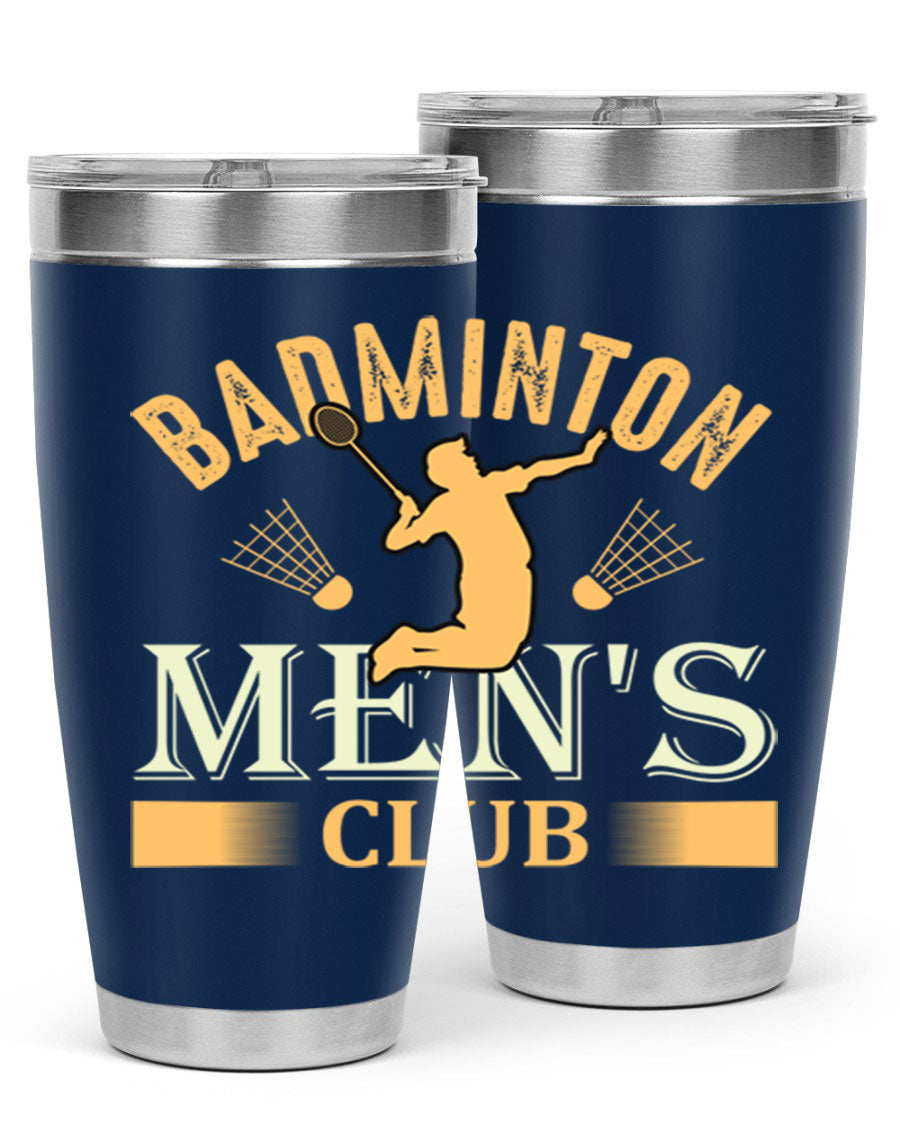 Badminton mens 1450# 20oz Tumbler in stainless steel with a drink-thru lid, showcasing its sleek design and insulation features.