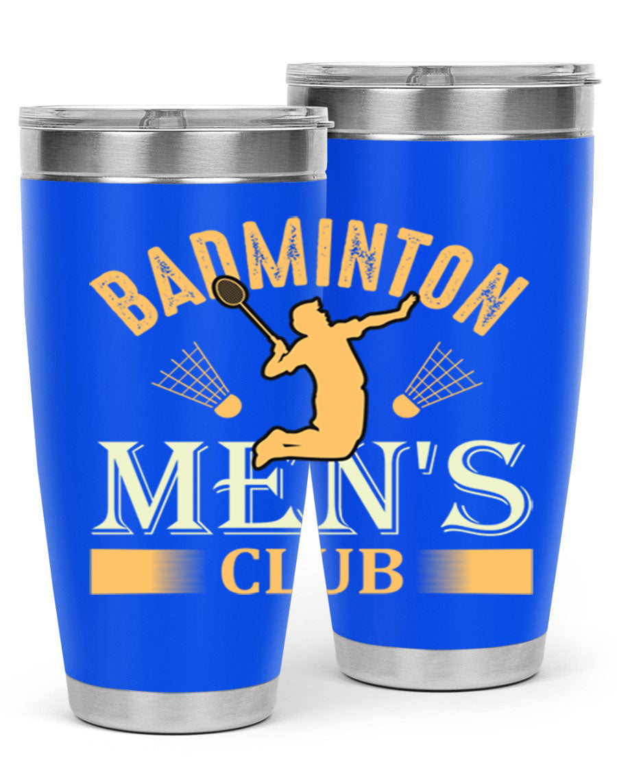 Badminton mens 1450# 20oz Tumbler in stainless steel with a drink-thru lid, showcasing its sleek design and insulation features.
