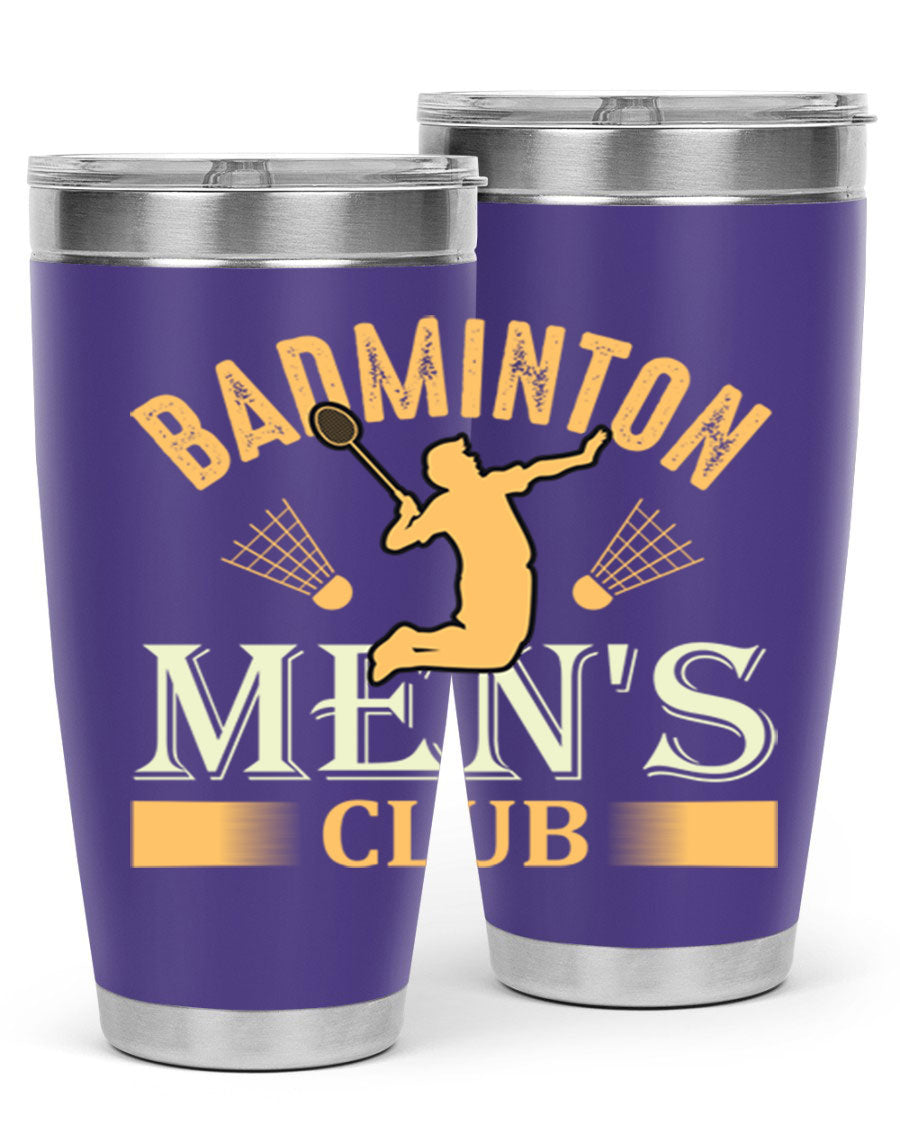 Badminton mens 1450# 20oz Tumbler in stainless steel with a drink-thru lid, showcasing its sleek design and insulation features.