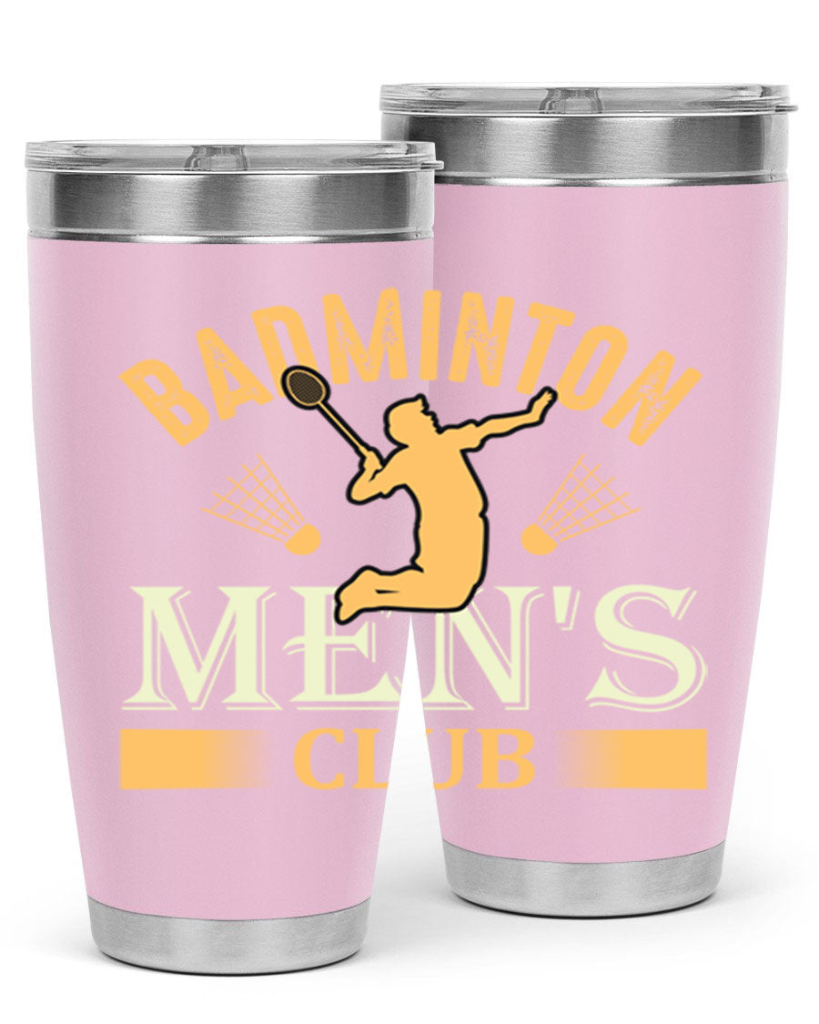 Badminton mens 1450# 20oz Tumbler in stainless steel with a drink-thru lid, showcasing its sleek design and insulation features.