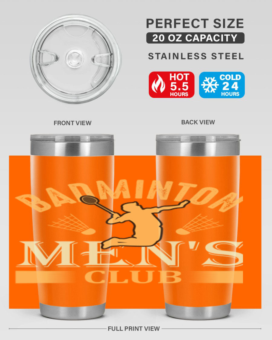 Badminton mens 1450# 20oz Tumbler in stainless steel with a drink-thru lid, showcasing its sleek design and insulation features.