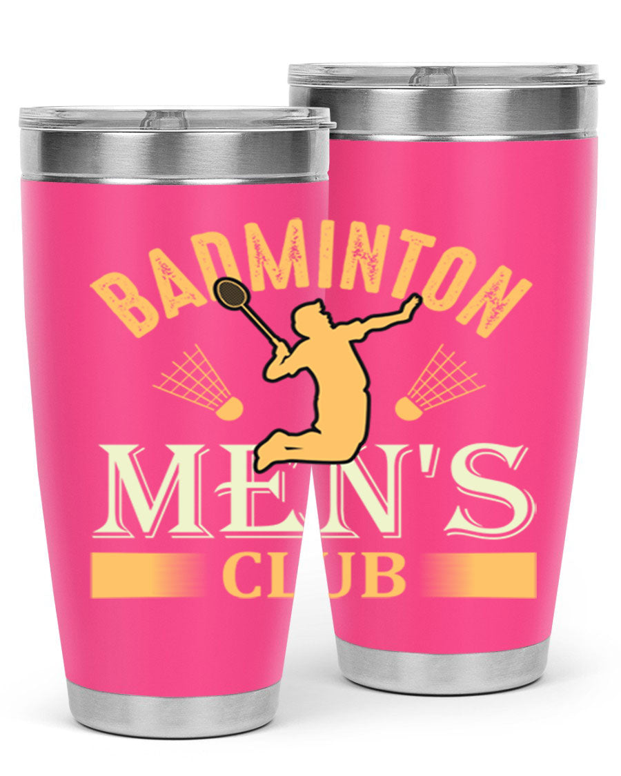 Badminton mens 1450# 20oz Tumbler in stainless steel with a drink-thru lid, showcasing its sleek design and insulation features.