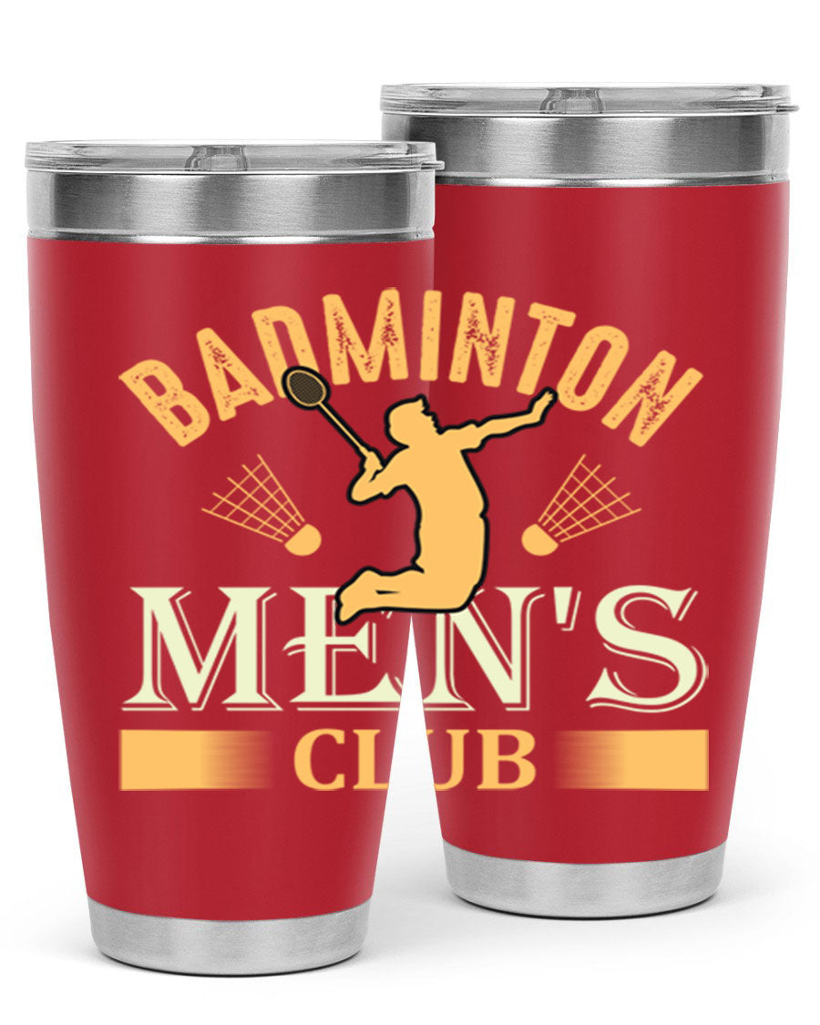 Badminton mens 1450# 20oz Tumbler in stainless steel with a drink-thru lid, showcasing its sleek design and insulation features.