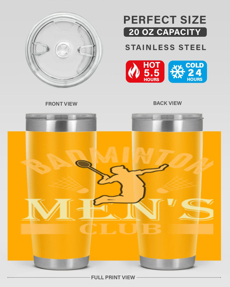 Badminton mens 1450# 20oz Tumbler in stainless steel with a drink-thru lid, showcasing its sleek design and insulation features.