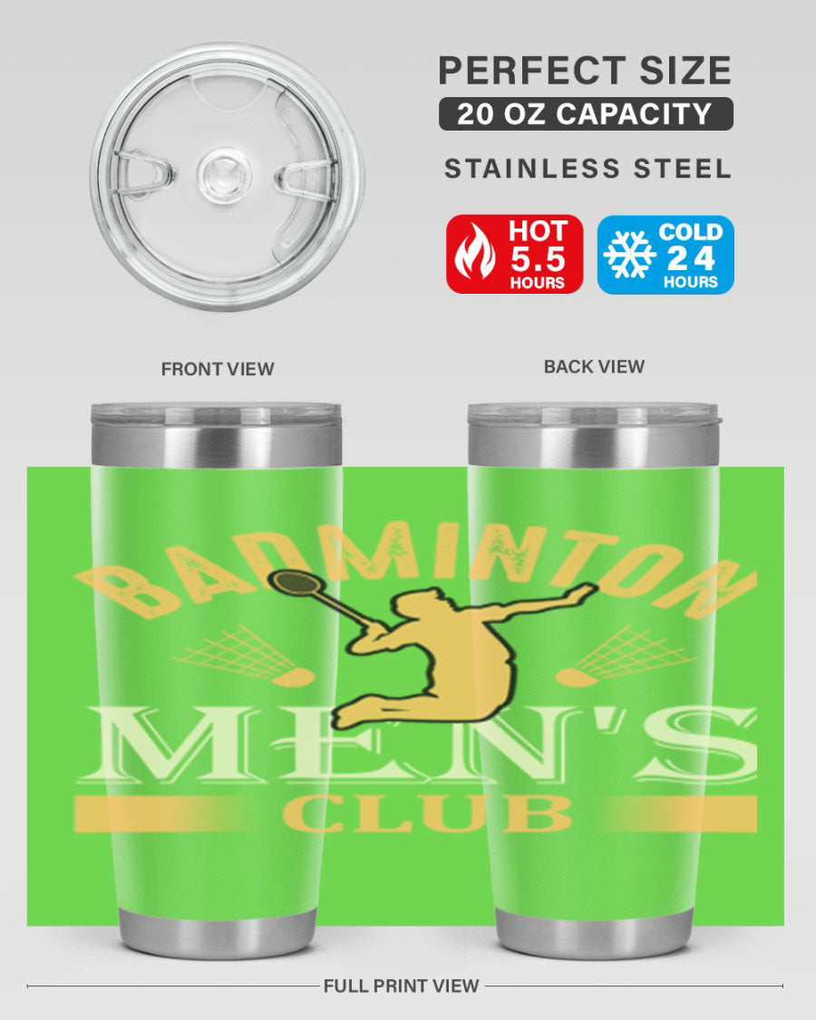 Badminton mens 1450# 20oz Tumbler in stainless steel with a drink-thru lid, showcasing its sleek design and insulation features.