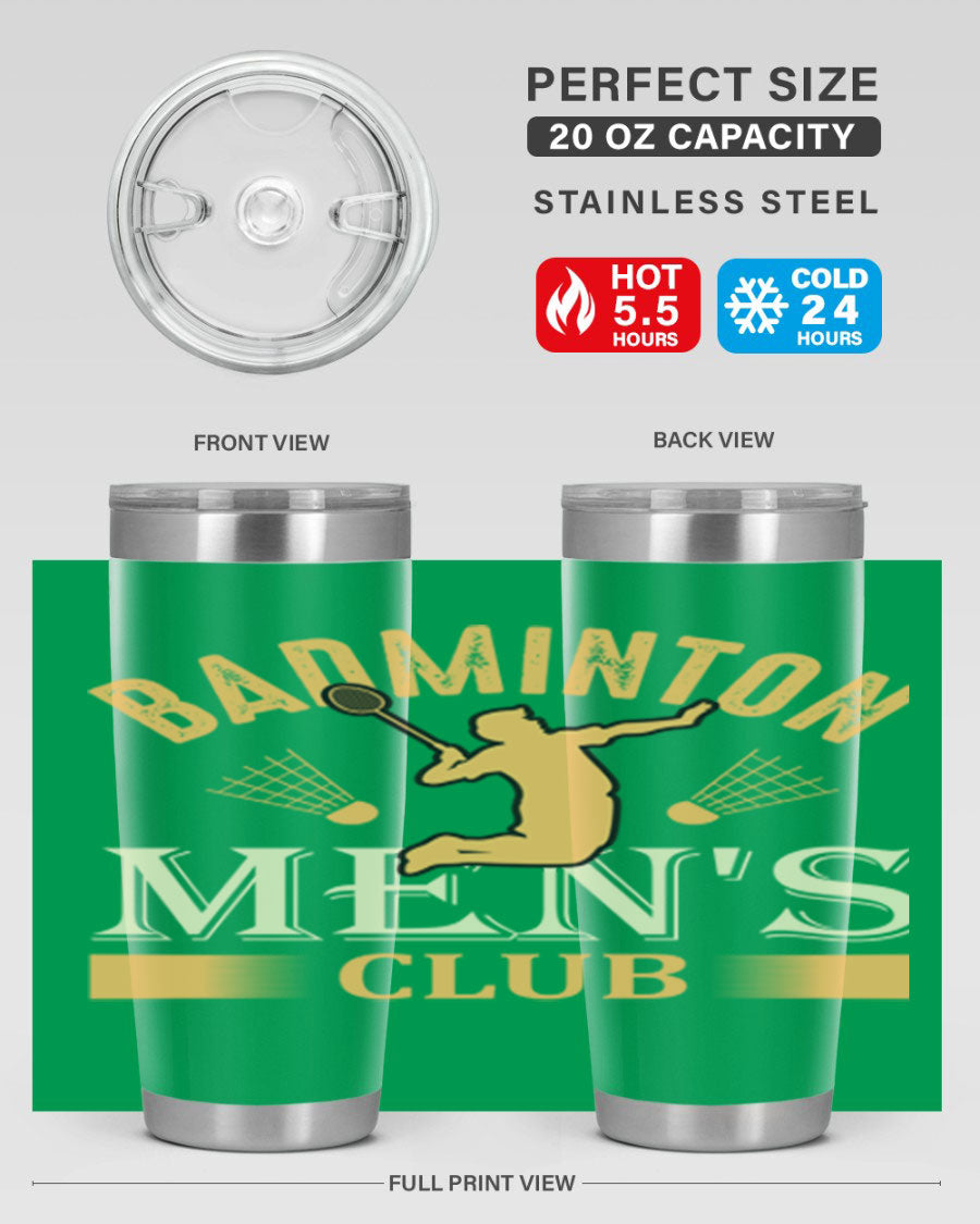 Badminton mens 1450# 20oz Tumbler in stainless steel with a drink-thru lid, showcasing its sleek design and insulation features.