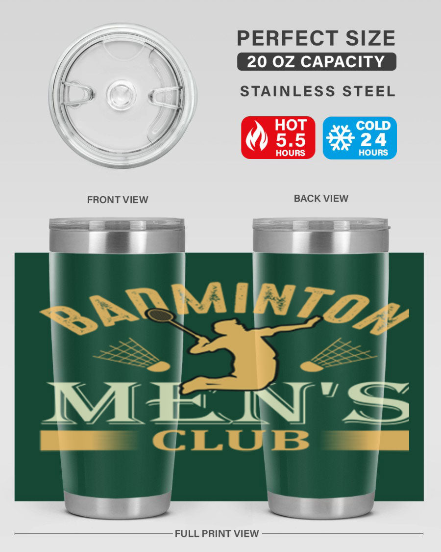 Badminton mens 1450# 20oz Tumbler in stainless steel with a drink-thru lid, showcasing its sleek design and insulation features.