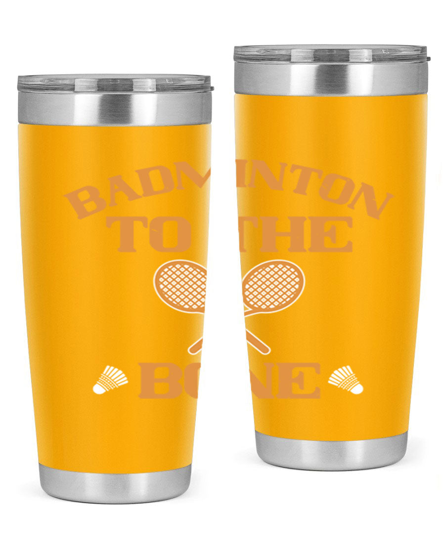 Badminton to the Bone 2344# Tumbler in stainless steel with a drink-thru lid, showcasing its sleek design and vibrant print.