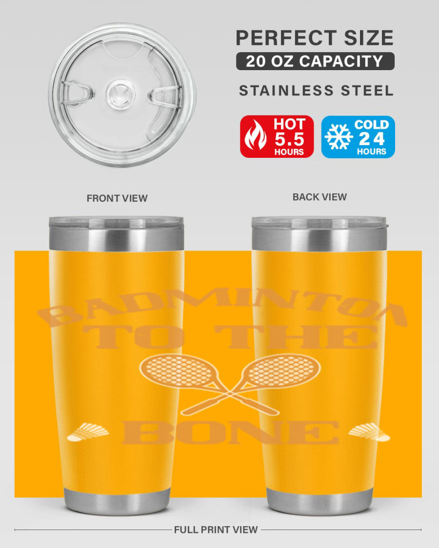 Badminton to the Bone 2344# Tumbler in stainless steel with a drink-thru lid, showcasing its sleek design and vibrant print.