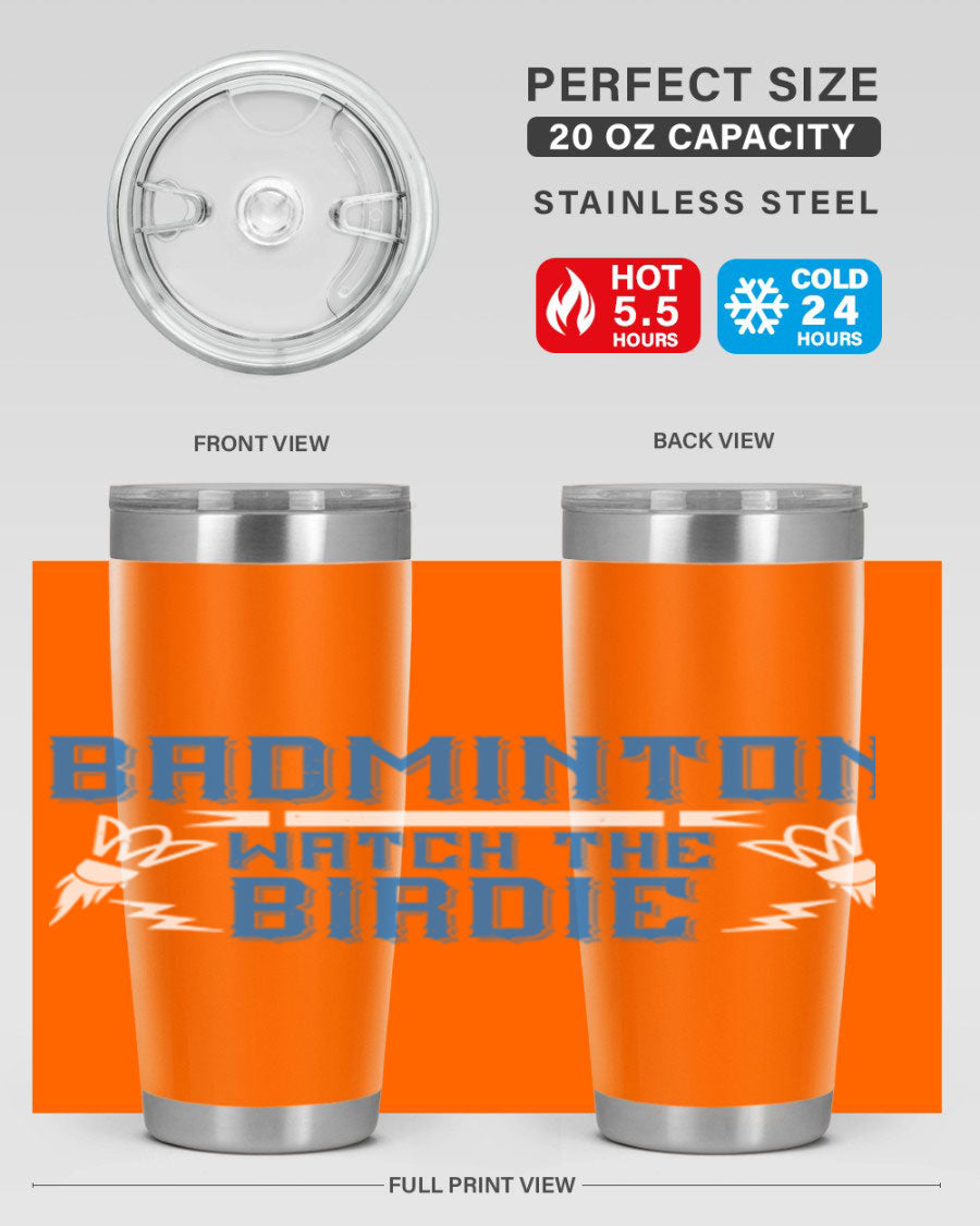 Badminton Watch the Birdie 1726# tumbler in stainless steel with a sleek design, perfect for hot and cold beverages.