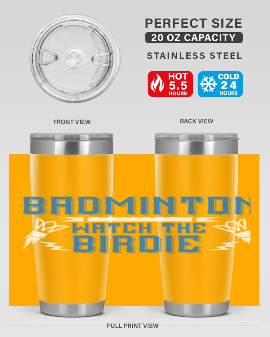 Badminton Watch the Birdie 1726# tumbler in stainless steel with a sleek design, perfect for hot and cold beverages.