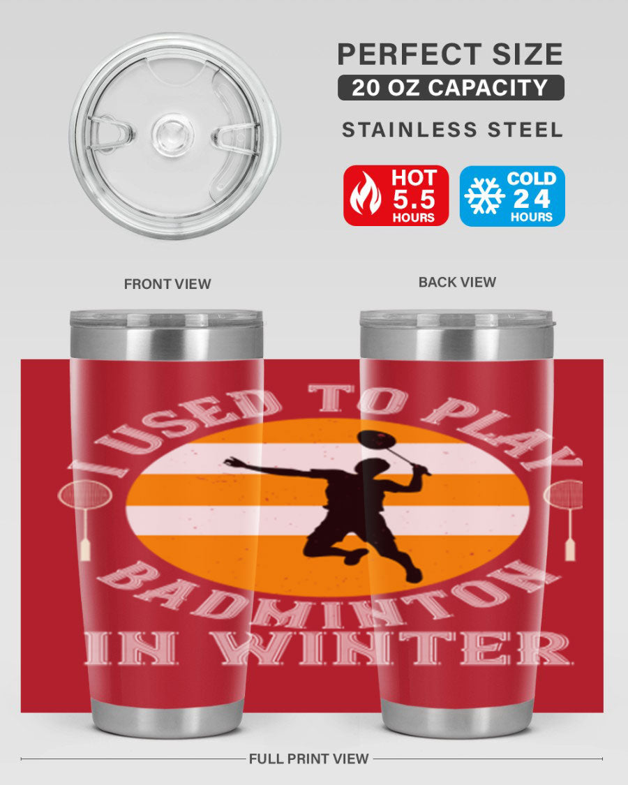 Badminton-themed stainless steel tumbler in 20oz and 30oz sizes, showcasing vibrant design and durable construction.