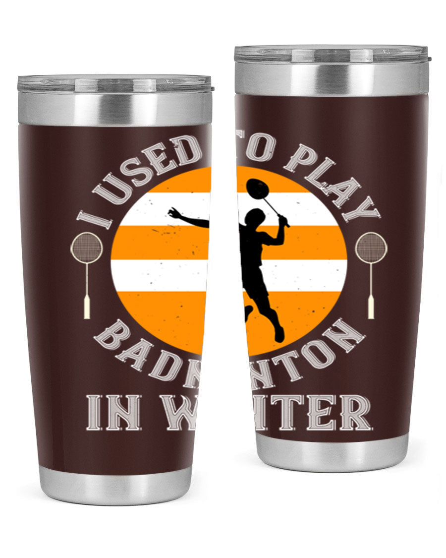 Badminton-themed stainless steel tumbler in 20oz and 30oz sizes, showcasing vibrant design and durable construction.