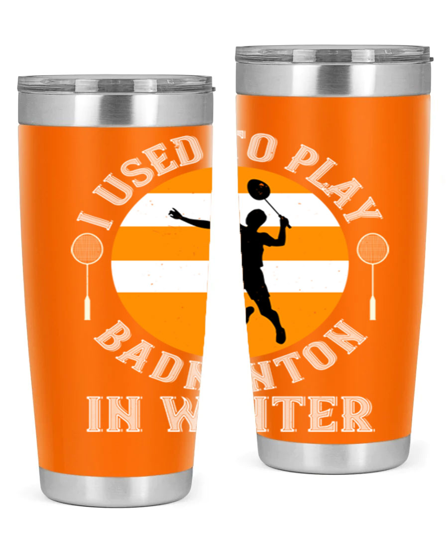 Badminton-themed stainless steel tumbler in 20oz and 30oz sizes, showcasing vibrant design and durable construction.