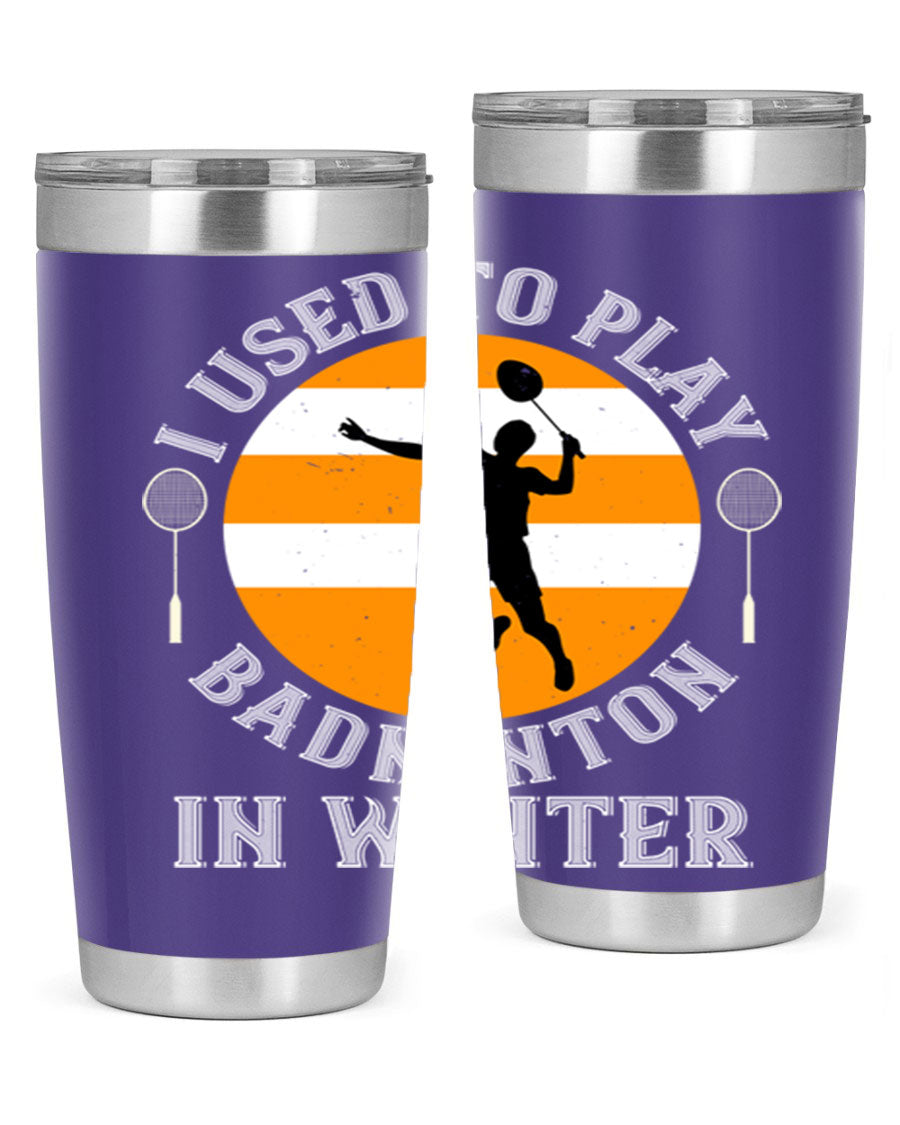 Badminton-themed stainless steel tumbler in 20oz and 30oz sizes, showcasing vibrant design and durable construction.