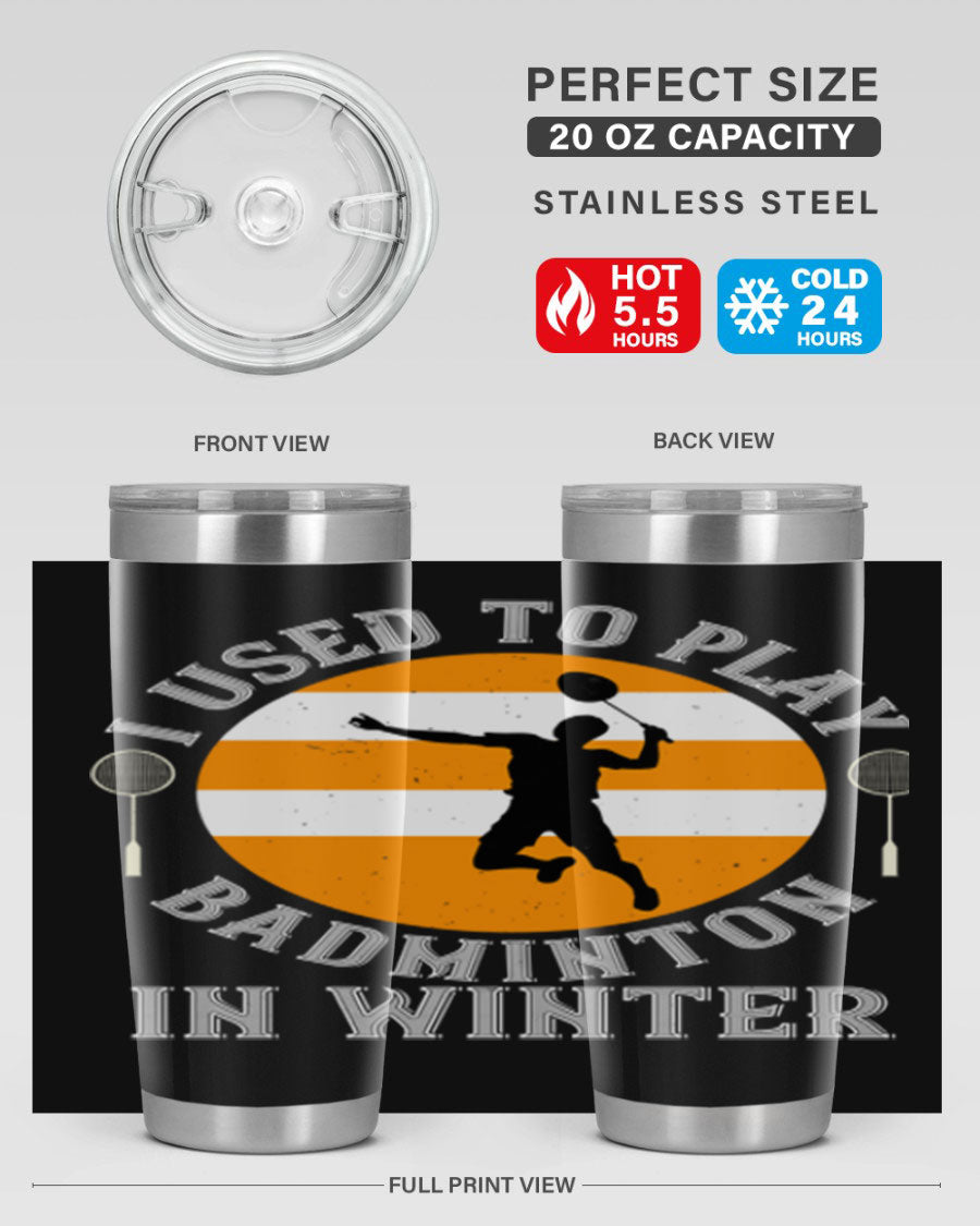 Badminton-themed stainless steel tumbler in 20oz and 30oz sizes, showcasing vibrant design and durable construction.