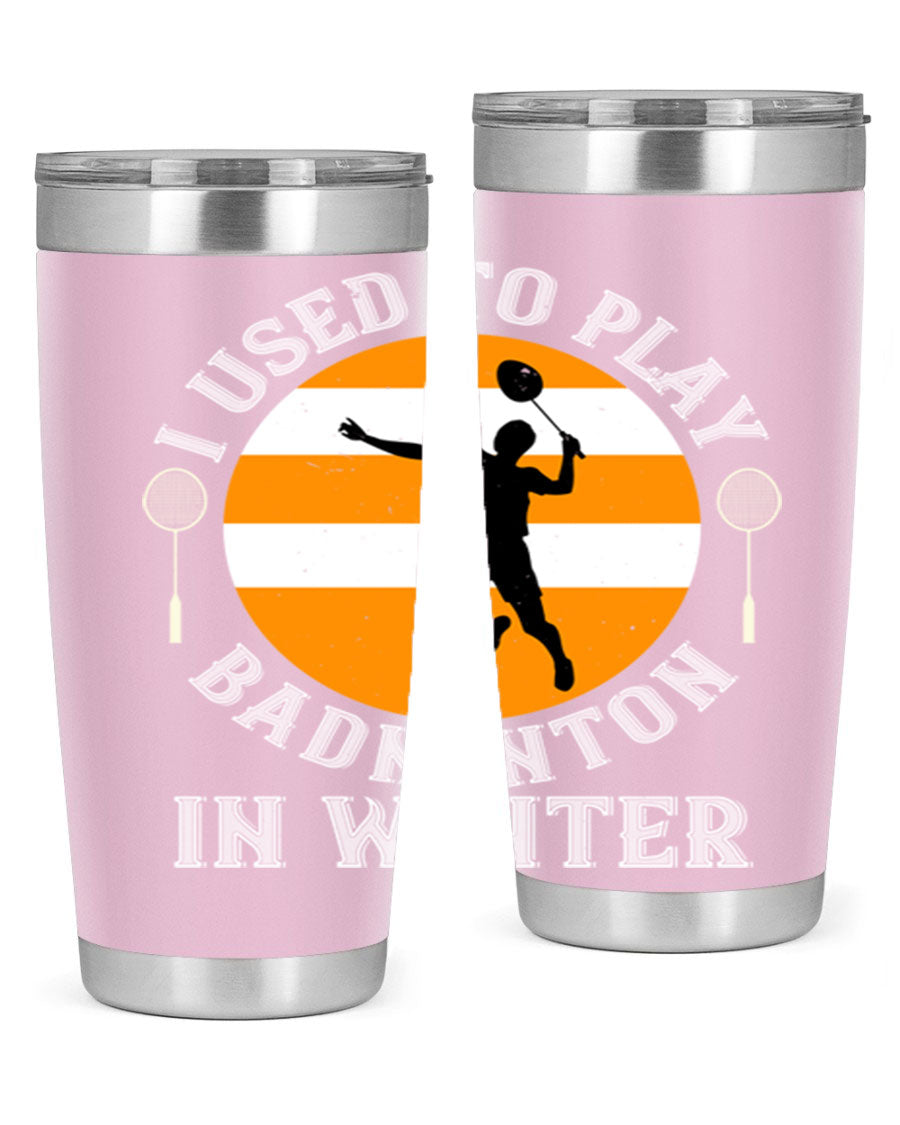 Badminton-themed stainless steel tumbler in 20oz and 30oz sizes, showcasing vibrant design and durable construction.